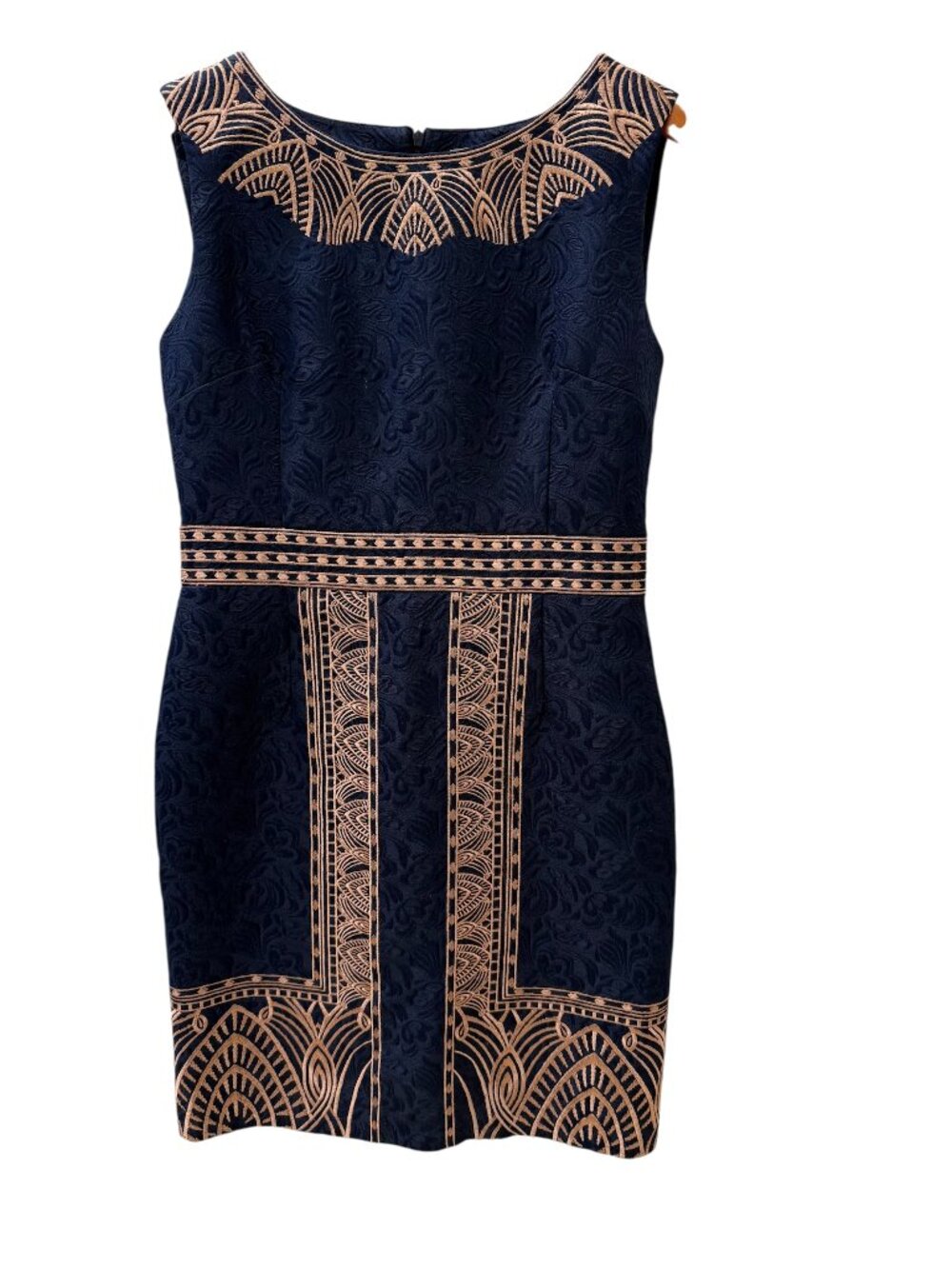 Navy Gold Embroidered Sheath Dress Art Deco Cocktail US 10 (Runs Small)